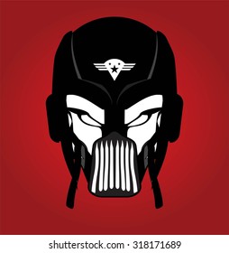 Black Mask. Racer. Rider. Pilot. Superhero. Villain. Artwork. Warrior Mascot. Warrior Head. Suitable for team identity, insignia, emblem, mascot, sport team icon, apparel, biker community, etc .