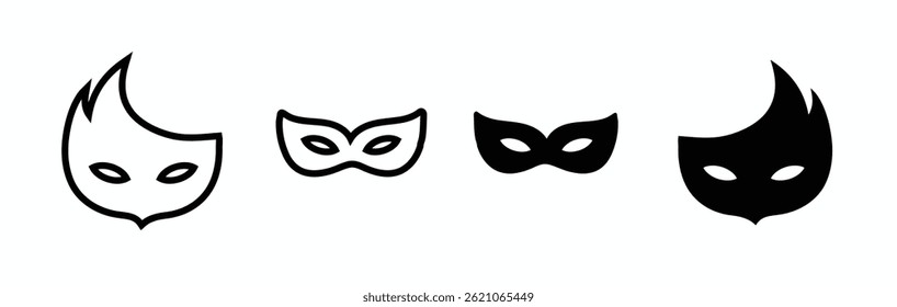 Black mask vector icon collection. eye mask silhouette hidden person face. Simple design incognito party masque shape template illustration.