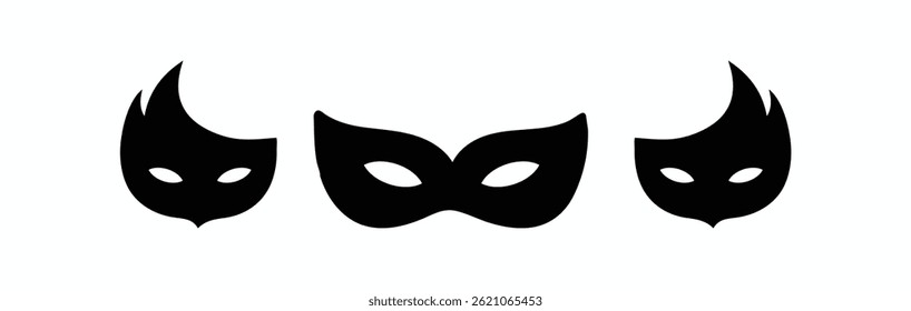 Black mask vector icon collection. eye mask silhouette hidden person face. Simple design incognito party masque shape template illustration.