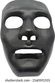 Black mask, white round eyes, white slender mouth.