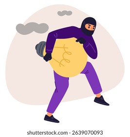 Black masked thief stole light bulb. Stealing idea. Creativity and innovation lamp. Intellectual property theft. Invention burglary. Man sneaking with lightbulb. Vector