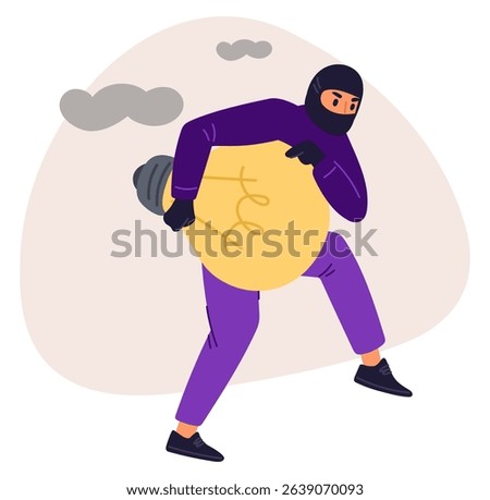 Black masked thief stole light bulb. Stealing idea. Creativity and innovation lamp. Intellectual property theft. Invention burglary. Man sneaking with lightbulb. Vector