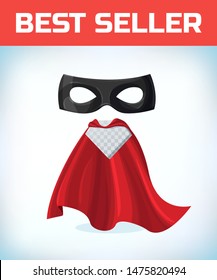Black masquerade mask. Masquerade costume headdress. Carnival or Halloween mask. Cartoon Vector illustration. Red cape