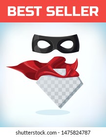 Black masquerade mask. Masquerade costume headdress. Carnival or Halloween mask. Cartoon Vector illustration. Red cape