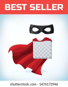 Black masquerade mask. Masquerade costume headdress. Carnival or Halloween mask. Cartoon Vector illustration. Red cape