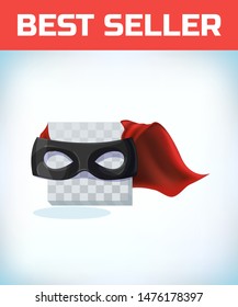 Black masquerade mask. Masquerade costume headdress. Carnival or Halloween mask. Cartoon Vector illustration. Red cape