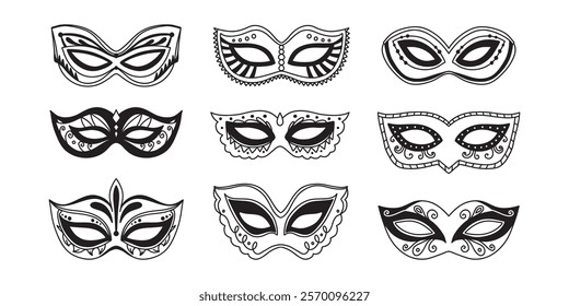 Black masquerade masks, for party, parade and carnival, for Mardi Gras and Halloween. Set of carnival masks silhouettes. Mardi Gras eye mask elements can be used as isolated sign, symbol or icon.