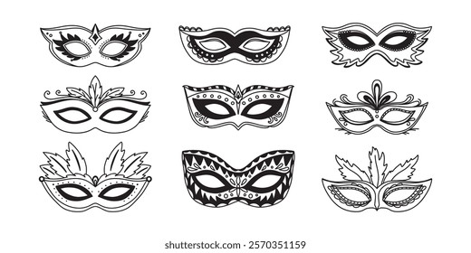 Black masquerade masks, for party, parade and carnival, for Mardi Gras and Halloween. Set of carnival masks silhouettes. Mardi Gras eye mask elements can be used as isolated sign, symbol or icon.