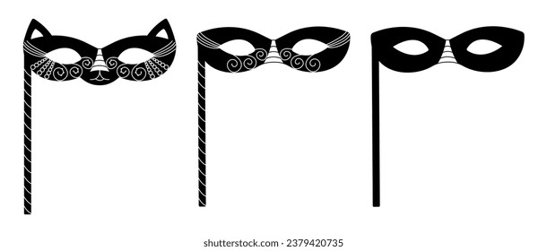 Black masquerade masks with sticks, black and white vector illustration set