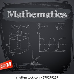 Black matemathics background with doodles on blackboard and formulas graphics in realistic style vector illustration