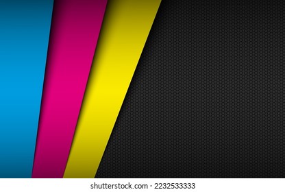 Black material background with stripes in cmyk colors and hexagonal grid pattern. Print design banner for your business. Abstract vector illustration