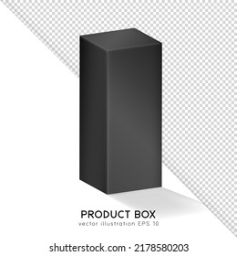 Black matte isometric rectangular box for product presentation (cosmetic, medicals, etc.) Vector empty container mockup. 3D realistic packaging, shipping case, cube template for your design