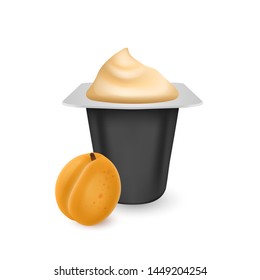 The Black matte plastic pot for yogurt, cream, dessert or jam. Photorealistic packaging mockup template. yogurt cream with fresh apricots isolated on white background, Vector EPS 10