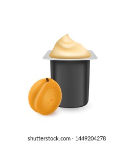 The Black matte plastic pot for yogurt, cream, dessert or jam. Photorealistic packaging mockup template. yogurt cream with fresh apricots isolated on white background, Vector EPS 10
