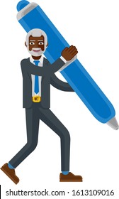 A black mature businessman cartoon character mascot man holding a big pen business concept 