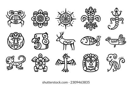 Símbolos tótem negros mayas, antiguo logo étnico azteca. Arte gráfico, mitología y tradiciones tribales mexicanos. Elementos vectoriales con clase de referencia cultural prehistórica