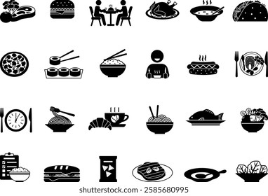 Black Meal Icon Set. Vector Art Burger, Soup, Rice, Pasta, Salad, Lunch, Pizza, Chicken, Fish, Sushi, Steak, Noodles, Eat, Taco, Hot Dog, Sandwich, and More