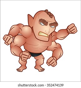 Black Mean Man Bad Guy With 4 Arms and Big Muscles Cartoon Vector