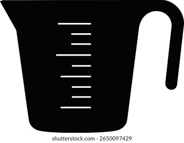 A black measuring cup is isolated on a white background.