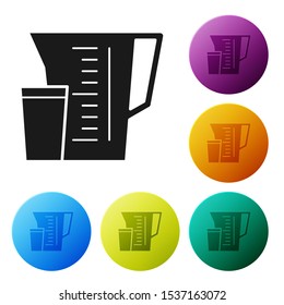 Black Measuring cup to measure dry and liquid food icon isolated on white background. Plastic graduated beaker with handle. Set icons colorful circle buttons. Vector Illustration