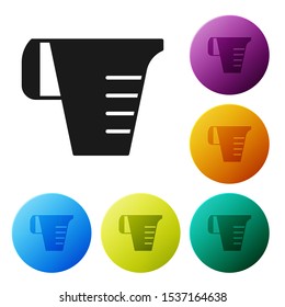 Black Measuring cup to measure dry and liquid food icon isolated on white background. Plastic graduated beaker with handle. Set icons colorful circle buttons. Vector Illustration