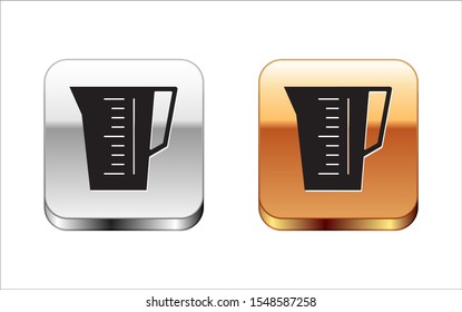 Black Measuring cup to measure dry and liquid food icon isolated on white background. Plastic graduated beaker with handle. Silver-gold square button. Vector Illustration