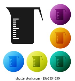 Black Measuring cup to measure dry and liquid food icon isolated on white background. Plastic graduated beaker with handle. Set icons colorful circle buttons. Vector Illustration