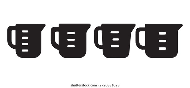 Tazas de medición negras alineadas con marcas de medición, icono simple.