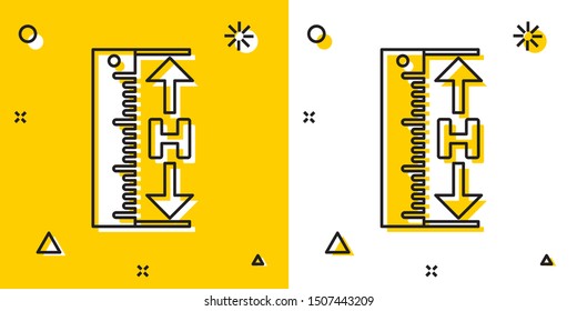 Black The measuring height and length icon isolated on yellow and white background. Ruler, straightedge, scale symbol. Random dynamic shapes. Vector Illustration