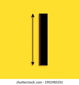 Black The measuring height and length icon isolated on yellow background. Ruler, straightedge, scale symbol. Long shadow style. Vector.