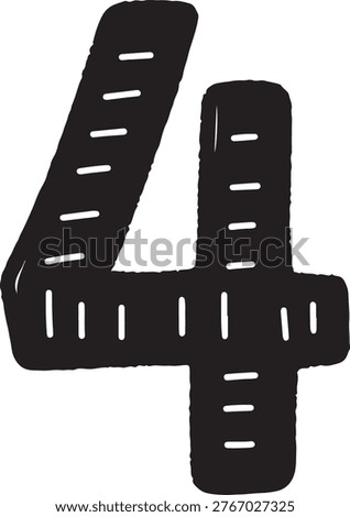 Black measuring tape shaped into number four isolated on white background with measuring measurement construction tailoring centimeter millimeter imperial isolated accuracy