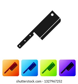 Black Meat chopper icon isolated on white background. Kitchen knife for meat. Butcher knife. Set icon in color square buttons. Vector Illustration