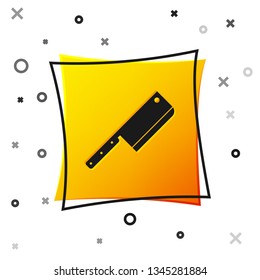 Black Meat chopper icon isolated on white background. Kitchen knife for meat. Butcher knife. Yellow square button. Vector Illustration