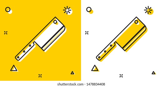 Black Meat chopper icon isolated on yellow and white background. Kitchen knife for meat. Butcher knife. Random dynamic shapes. Vector Illustration