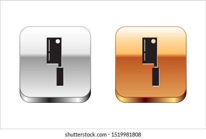 Black Meat chopper icon isolated on white background. Kitchen knife for meat. Butcher knife. Happy Halloween party. Silver-gold square button. Vector Illustration