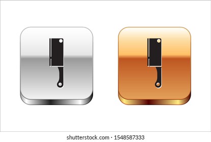 Black Meat chopper icon isolated on white background. Kitchen knife for meat. Butcher knife. Silver-gold square button. Vector Illustration