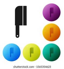 Black Meat chopper icon isolated on white background. Kitchen knife for meat. Butcher knife. Set icons colorful circle buttons. Vector Illustration
