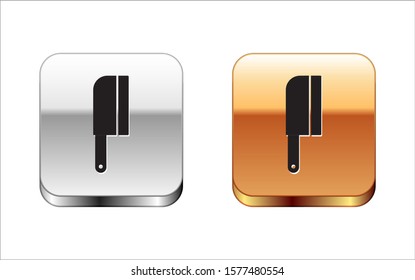 Black Meat chopper icon isolated on white background. Kitchen knife for meat. Butcher knife. Silver-gold square button. Vector Illustration