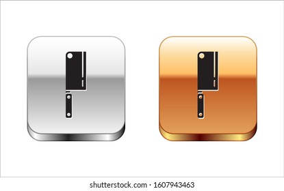 Black Meat chopper icon isolated on white background. Kitchen knife for meat. Butcher knife. Silver-gold square button. Vector Illustration