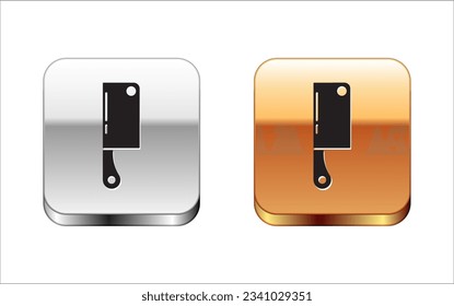 Black Meat chopper icon isolated on white background. Kitchen knife for meat. Butcher knife. Happy Halloween party. Silver-gold square button. Vector