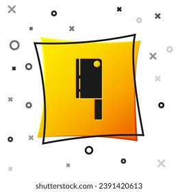 Black Meat chopper icon isolated on white background. Kitchen knife for meat. Butcher knife. Happy Halloween party. Yellow square button. Vector
