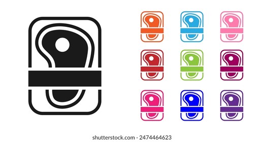 Black Meat packaging steak icon isolated on white background. Fresh meat beef steak in plastic package. Organic product. Set icons colorful. Vector