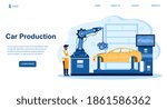 Black mechanic is managing process of automated car production. vehicle parts on the machinery line with robotic hands. Web page, website, landing template. Flat cartoon vector illustration