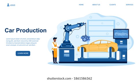 Black mechanic is managing process of automated car production. vehicle parts on the machinery line with robotic hands. Web page, website, landing template. Flat cartoon vector illustration