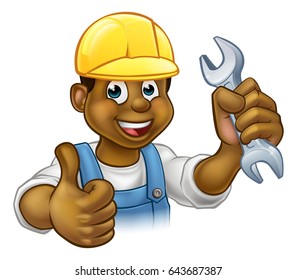 Black mechanic or plumber handyman cartoon character holding a spanner and giving a thumbs up