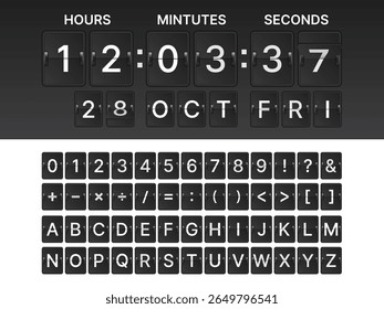 Black Mechanical Flip Clock Font Set – Countdown Timer Digits, Alphabet, Symbols on Scoreboard Style with Flip Board Flipping Effect for Digital Timer, Airport Display, and Vector Design