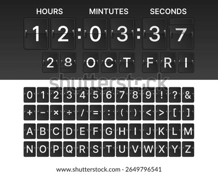 Black Mechanical Flip Clock Font Set – Countdown Timer Digits, Alphabet, Symbols on Scoreboard Style with Flip Board Flipping Effect for Digital Timer, Airport Display, and Vector Design