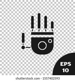 Black Mechanical robot hand icon isolated on transparent background. Robotic arm symbol. Technological concept.  Vector Illustration