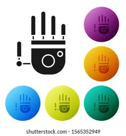 Black Mechanical robot hand icon isolated on white background. Robotic arm symbol. Technological concept. Set icons colorful circle buttons. Vector Illustration