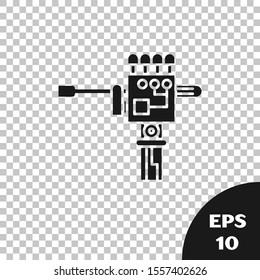 Black Mechanical robot hand and screwdriver tool icon isolated on transparent background. Robotic arm symbol. Technological concept.  Vector Illustration